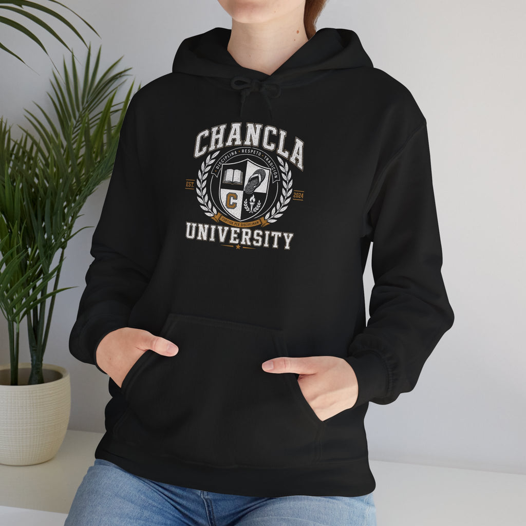Chancla University Hoodie – Funny Latinx Mom Gift, Retro College Crest Sweatshirt