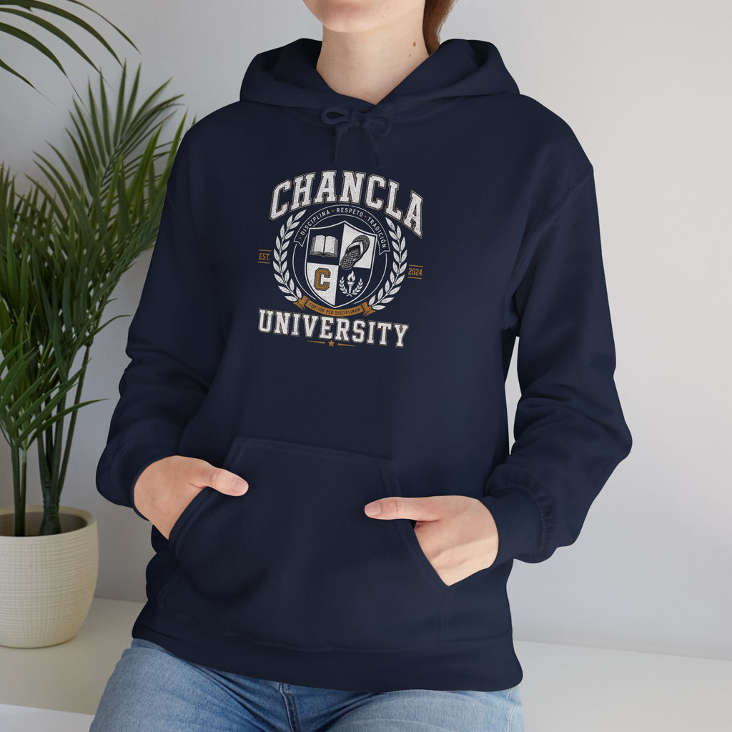 Chancla University Hoodie – Funny Latinx Mom Gift, Retro College Crest Sweatshirt